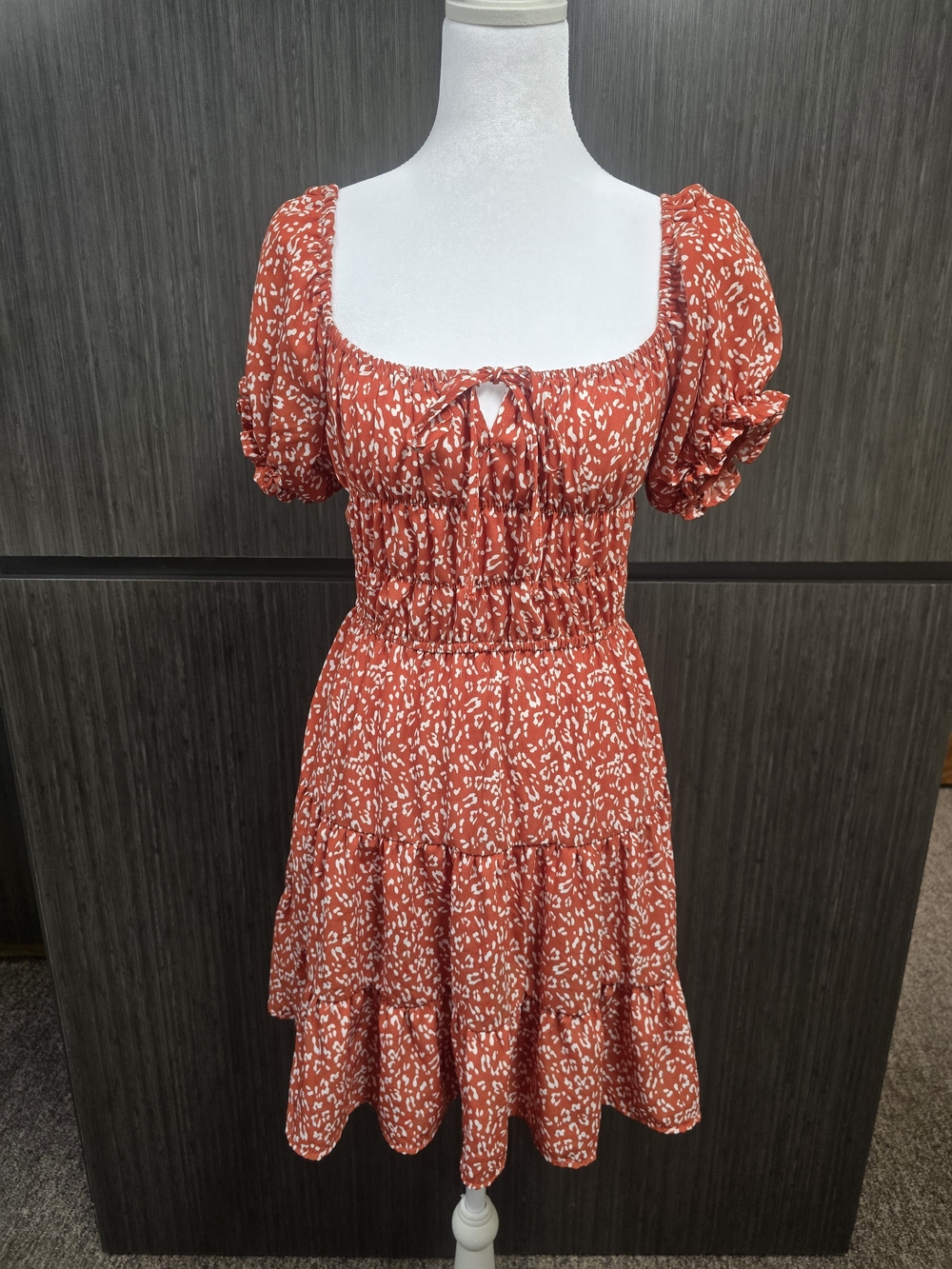 Liberty Love Rust Floral Tie-Front Smocked Mini Dress